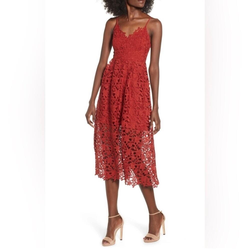 Astr The Label Lace Midi Dress A Line Spaghetti Strap V Neck Rust Orange Red L